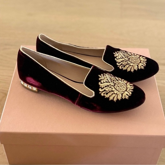 Miu Miu Shoes - Brand New Miu Miu Elegant Velvet Loafers with Gold Embroidery